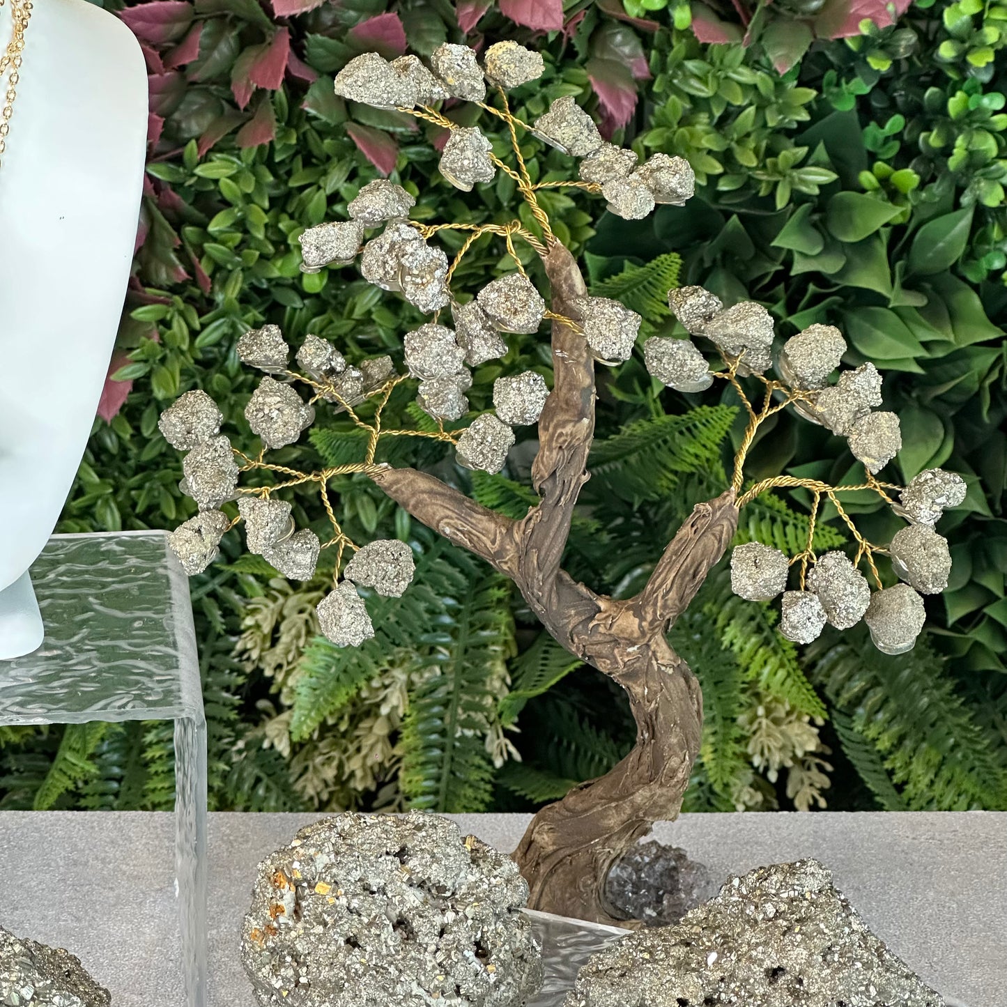 Natural Pyrite Bonsai Tree with Amethyst Base