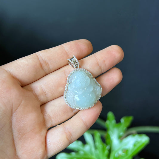 Happy Buddha Water Green Natural Jadeite Jade Pendant in a 10k Yellow Gold with White Stone Surrounding Setting