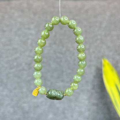Natural Olive Green Hoa Dien Nephrite Jade mixed with Pixiu Bracelet Size 8 mm