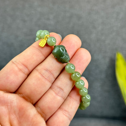 Natural Olive Green Hoa Dien Nephrite Jade mixed with Pixiu Bracelet Size 8 mm