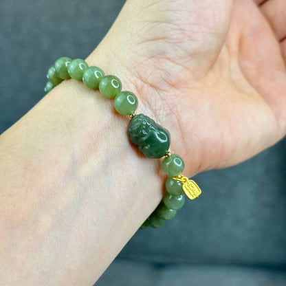 Natural Olive Green Hoa Dien Nephrite Jade mixed with Pixiu Bracelet Size 8 mm