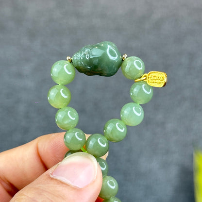 Natural Olive Green Hoa Dien Nephrite Jade mixed with Pixiu Bracelet Size 8 mm