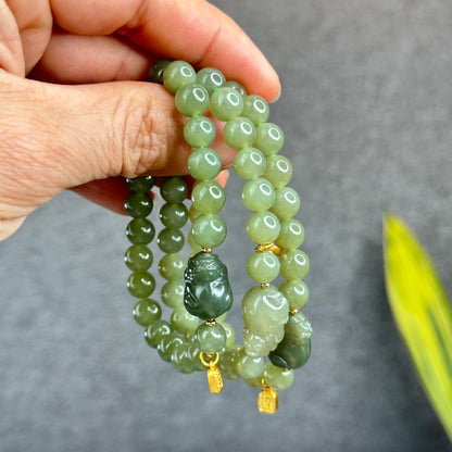 Natural Olive Green Hoa Dien Nephrite Jade mixed with Pixiu Bracelet Size 8 mm