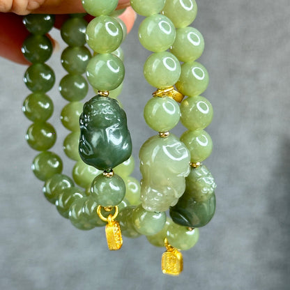 Natural Olive Green Hoa Dien Nephrite Jade mixed with Pixiu Bracelet Size 8 mm