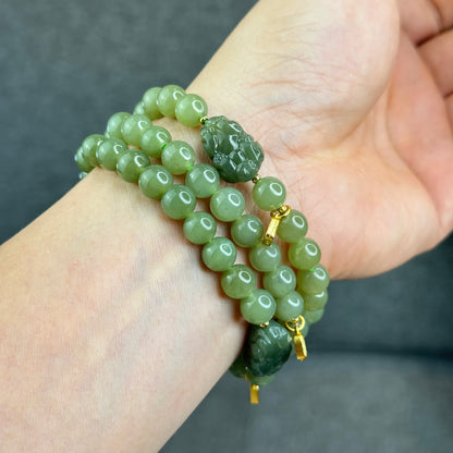 Natural Olive Green Hoa Dien Nephrite Jade mixed with Pixiu Bracelet Size 8 mm