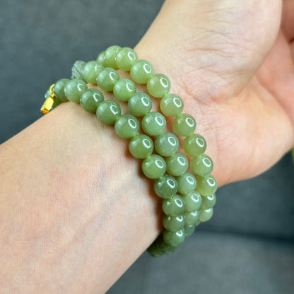 Natural Olive Green Hoa Dien Nephrite Jade mixed with Pixiu Bracelet Size 8 mm