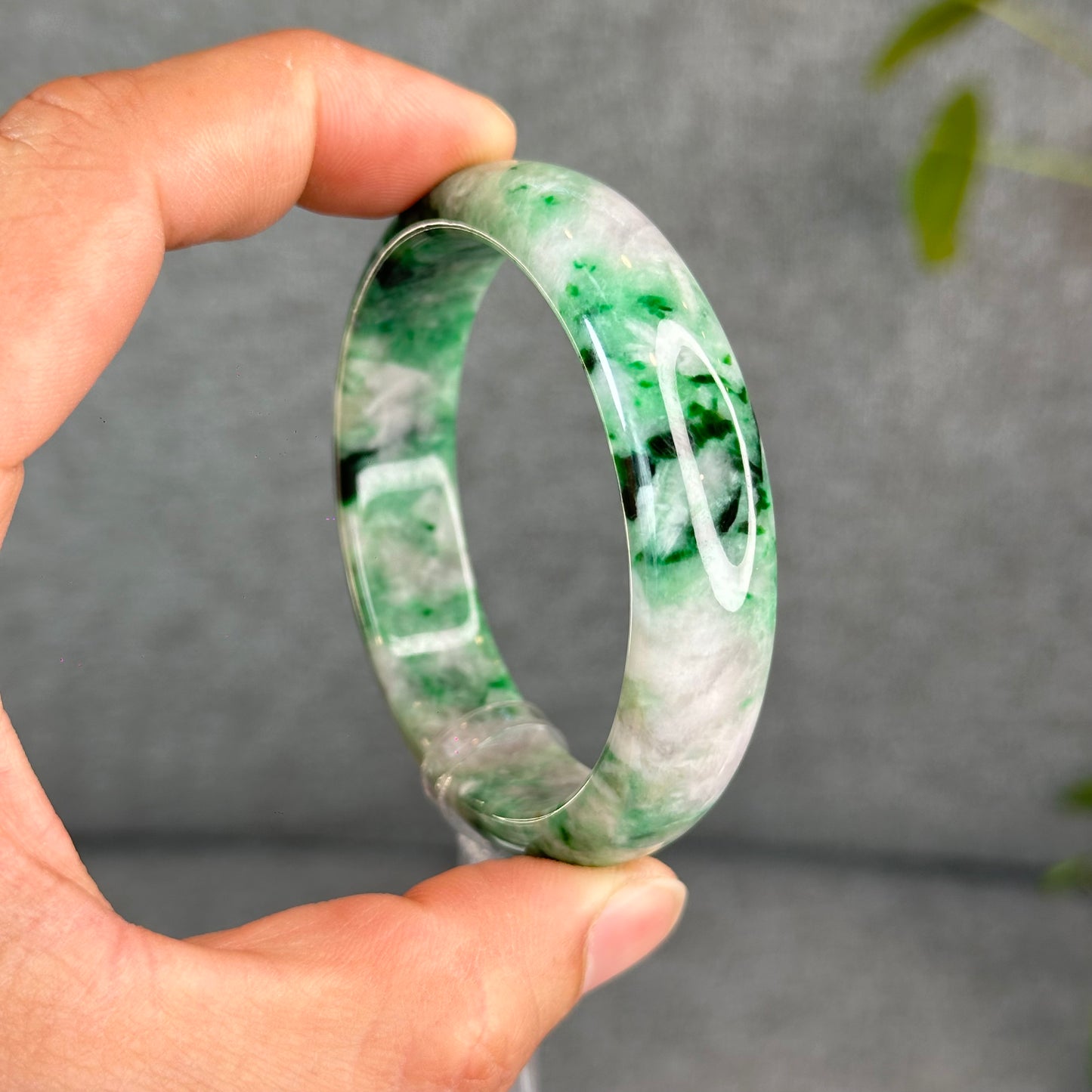 Natural Apple Green Jadeite Jade VIP Bangle Leaf Style Size 54.5 mm