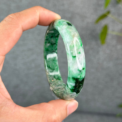 Natural Apple Green Jadeite Jade VIP Bangle Leaf Style Size 56 mm