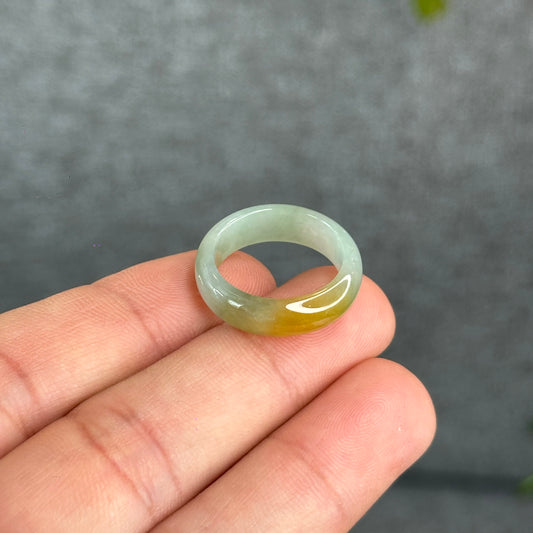 Natural Light Water Green with Orange Jadeite Jade Semi Translucent Ring Size 1.73