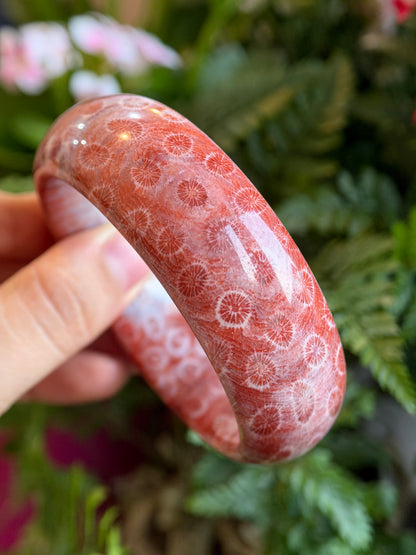 Natural Red Coral Fossil Bangle Leaf Style Size 58.8 mm