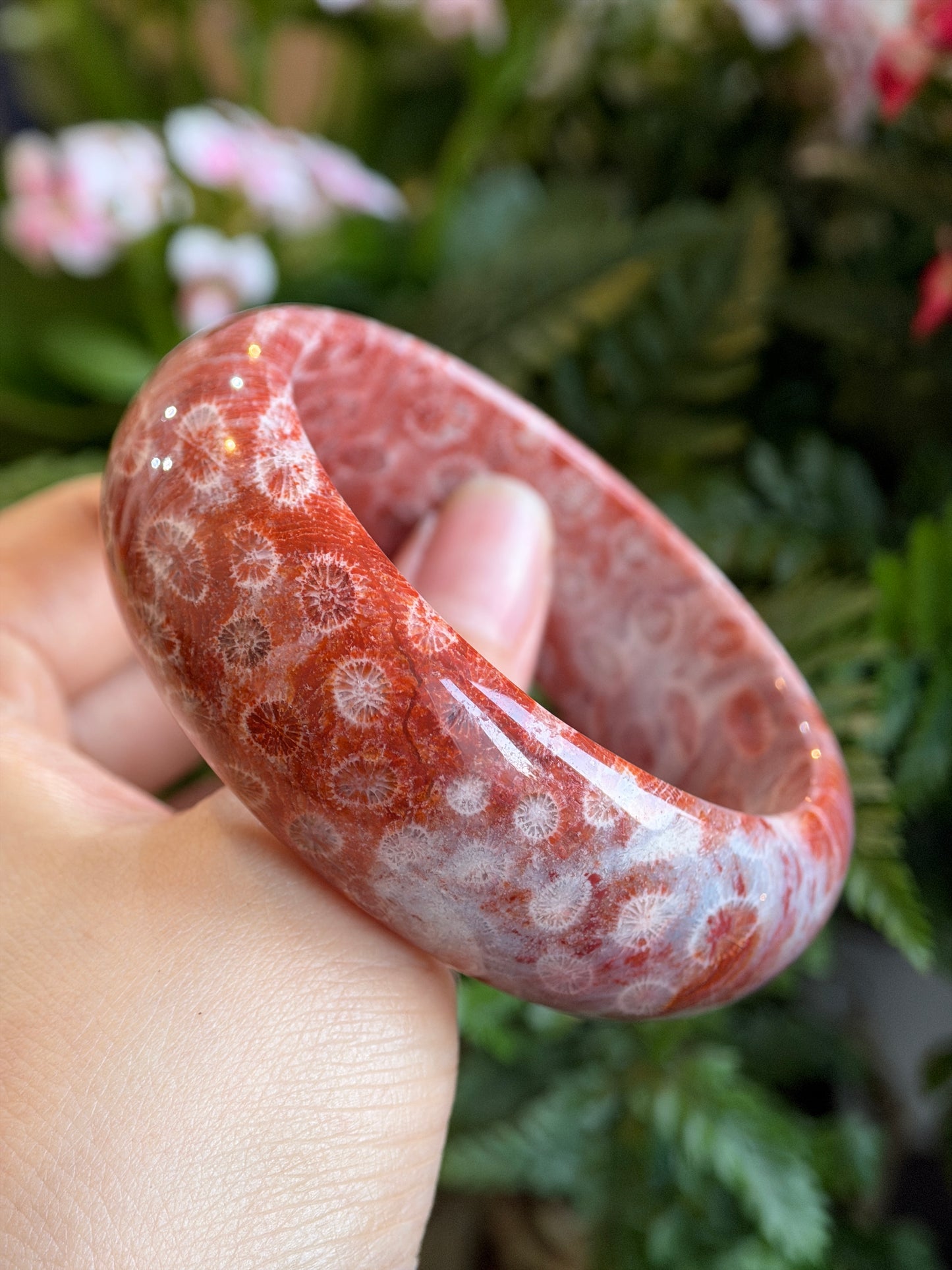 Natural Red Coral Fossil Bangle Leaf Style Size 58.8 mm