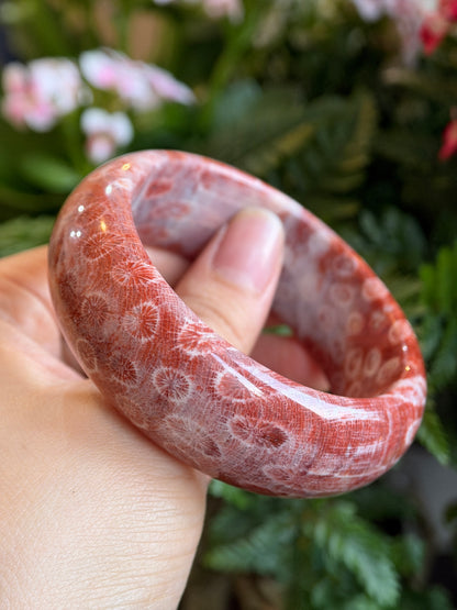 Natural Red Coral Fossil Bangle Leaf Style Size 58.8 mm