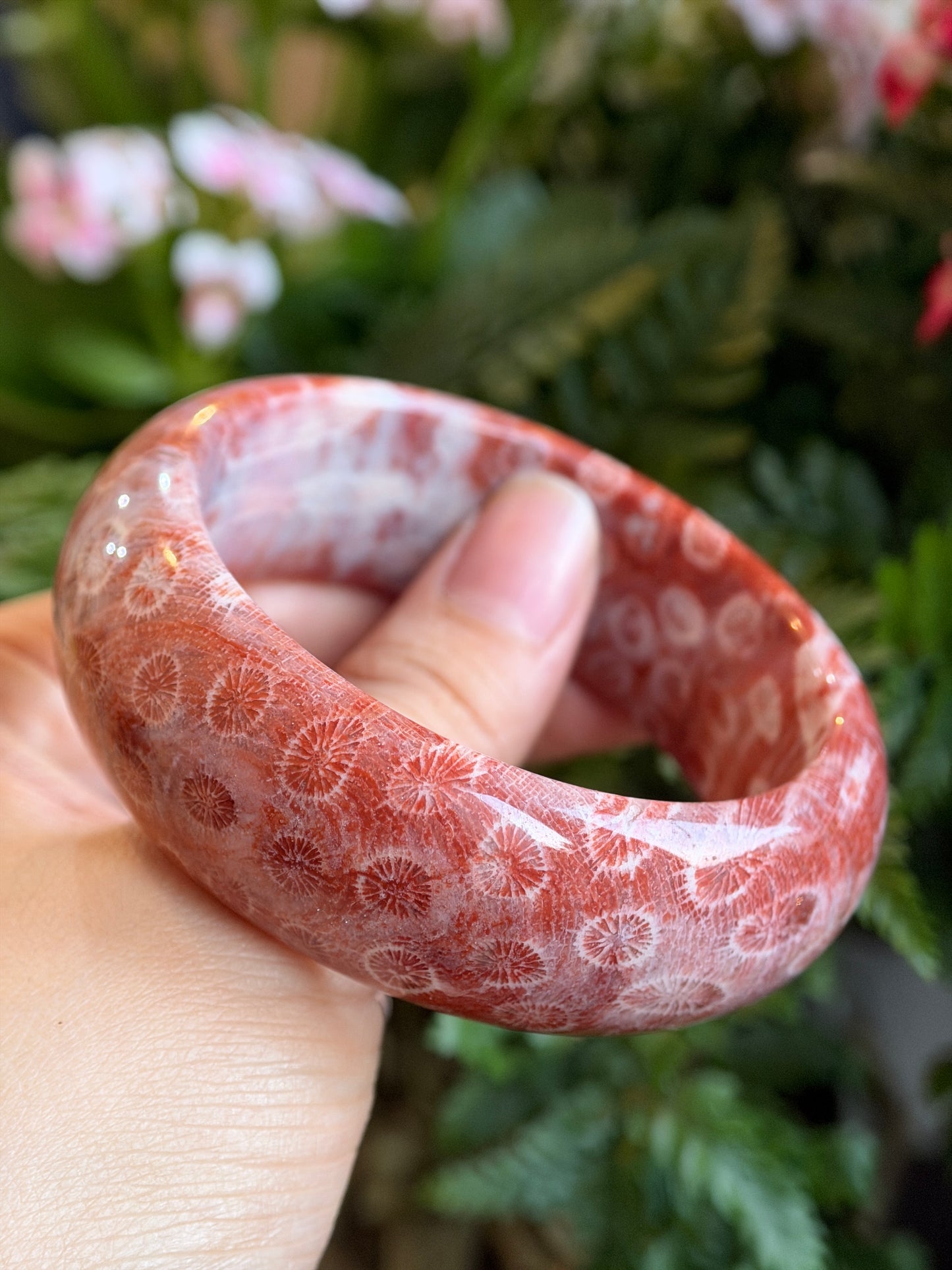 Natural Red Coral Fossil Bangle Leaf Style Size 58.8 mm