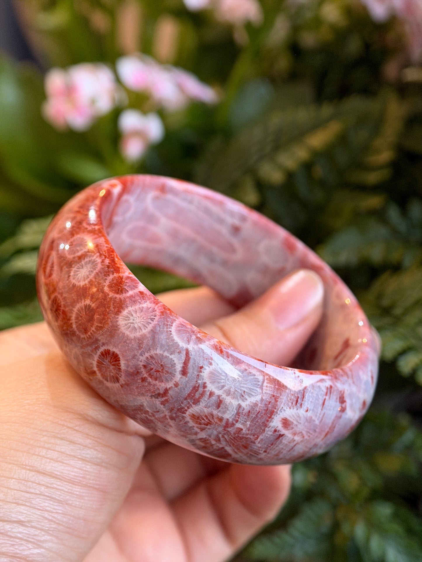 Natural Red Coral Fossil Bangle Leaf Style Size 56.5 mm