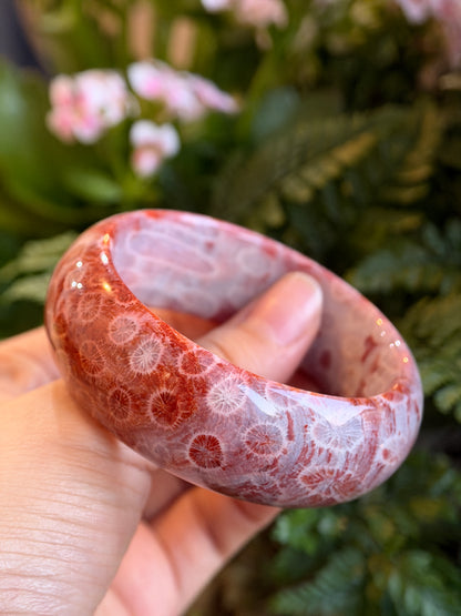 Natural Red Coral Fossil Bangle Leaf Style Size 56.5 mm