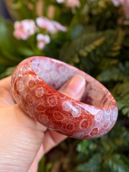 Natural Red Coral Fossil Bangle Leaf Style Size 56.5 mm