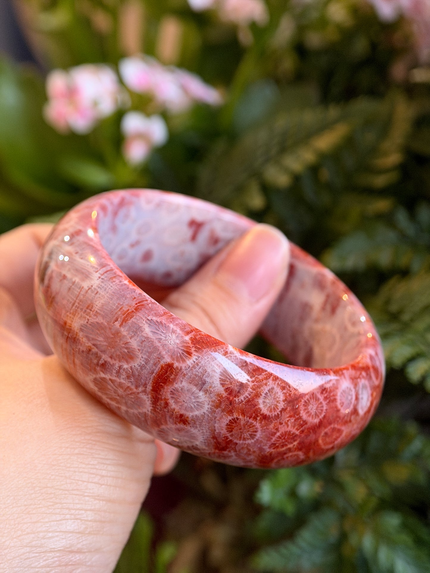Natural Red Coral Fossil Bangle Leaf Style Size 56.5 mm