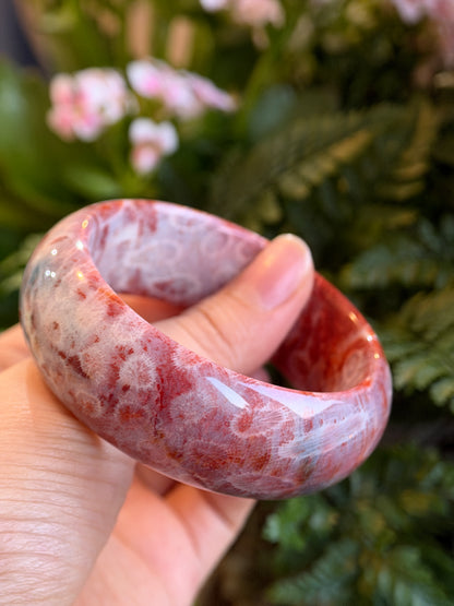 Natural Red Coral Fossil Bangle Leaf Style Size 56.5 mm