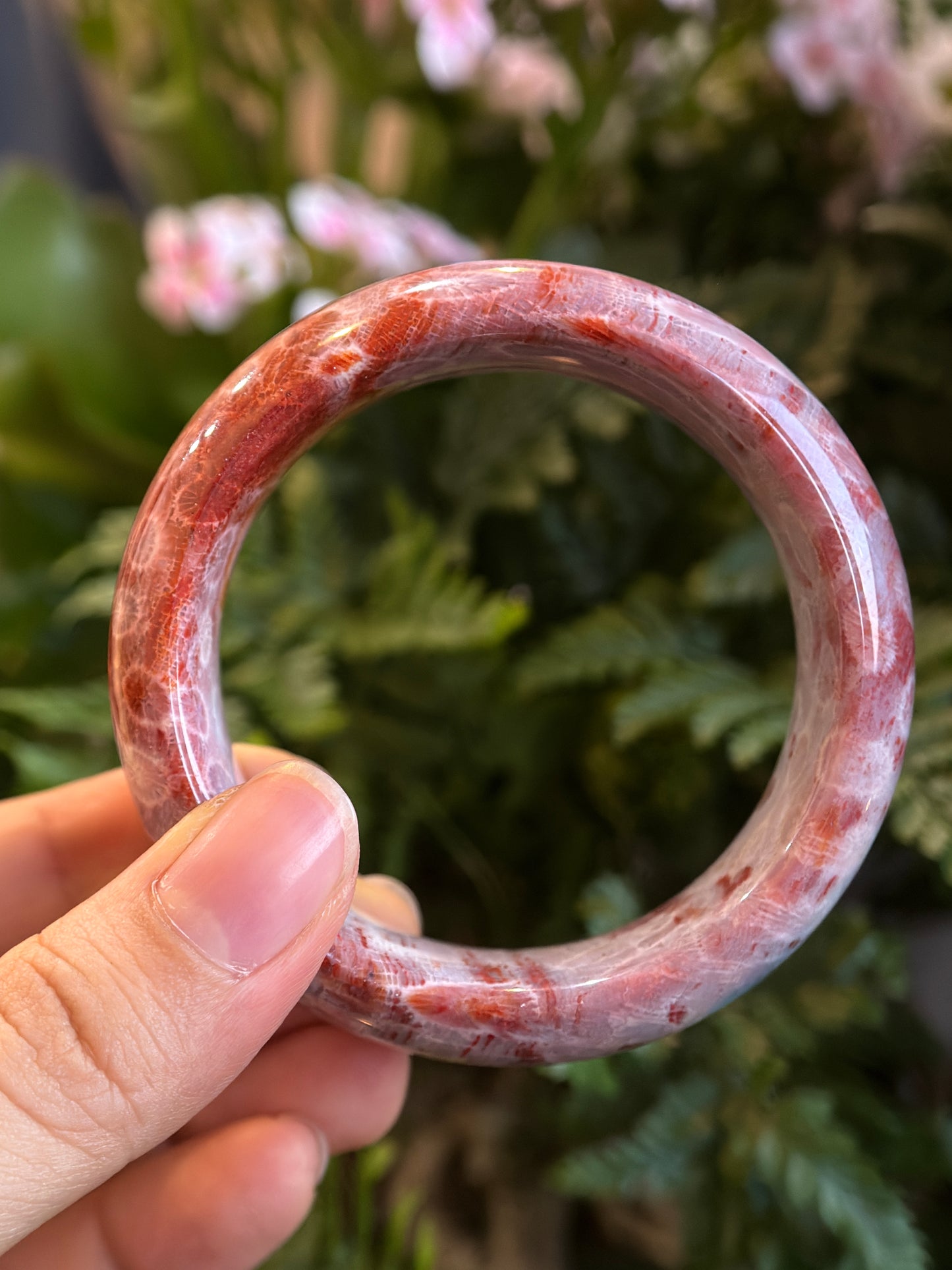 Natural Red Coral Fossil Bangle Leaf Style Size 56.5 mm