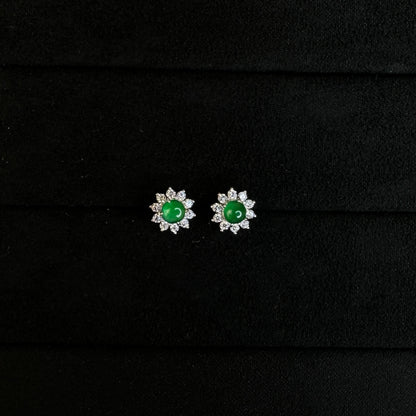 Green Jadeite Jade Stud Earrings Flower in Silver Setting