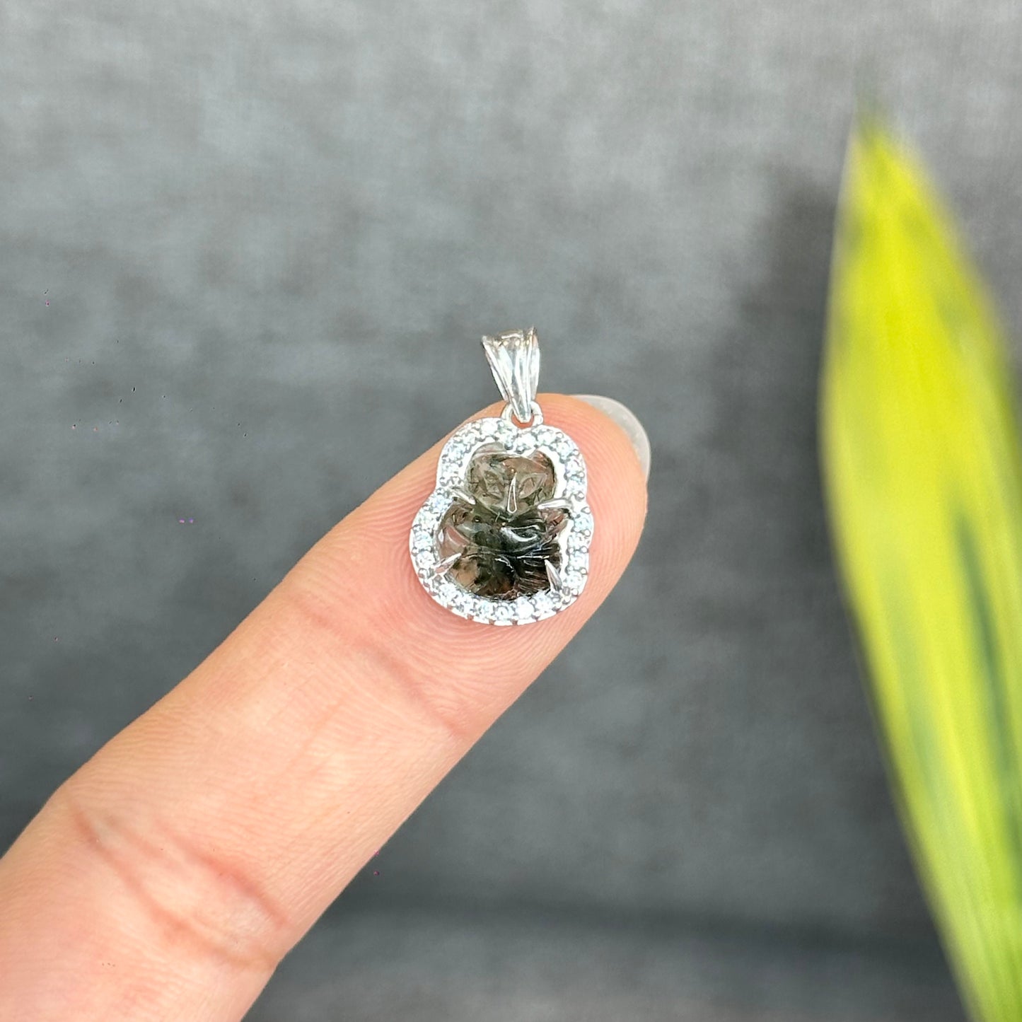 Natural Green Rutilated Quartz Ho Ly Pendant In Silver with White Gold Platting Setting