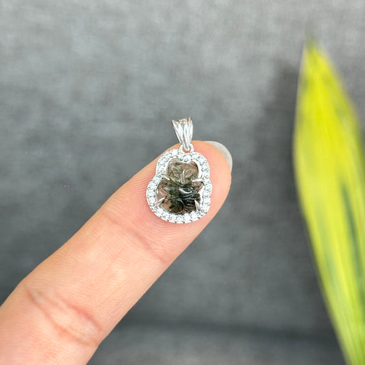 Natural Green Rutilated Quartz Ho Ly Pendant In Silver with White Gold Platting Setting