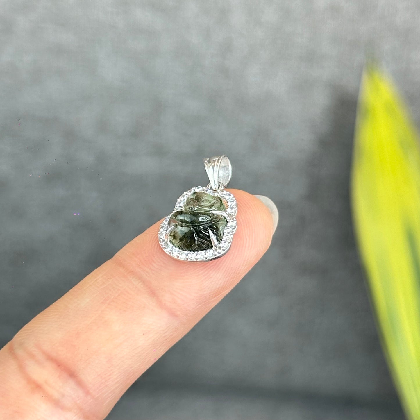 Natural Green Rutilated Quartz Ho Ly Pendant In Silver with White Gold Platting Setting