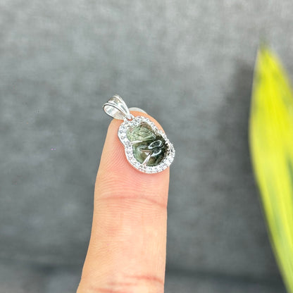 Natural Green Rutilated Quartz Ho Ly Pendant In Silver with White Gold Platting Setting