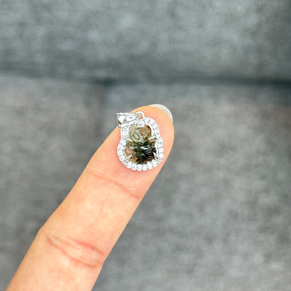 Natural Green Rutilated Quartz Ho Ly Pendant In Silver with White Gold Platting Setting