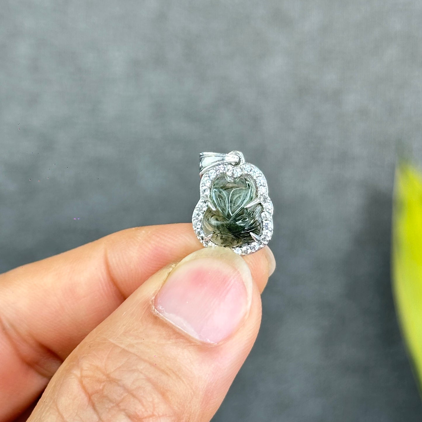 Natural Green Rutilated Quartz Ho Ly Pendant In Silver with White Gold Platting Setting