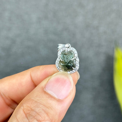 Natural Green Rutilated Quartz Ho Ly Pendant In Silver with White Gold Platting Setting