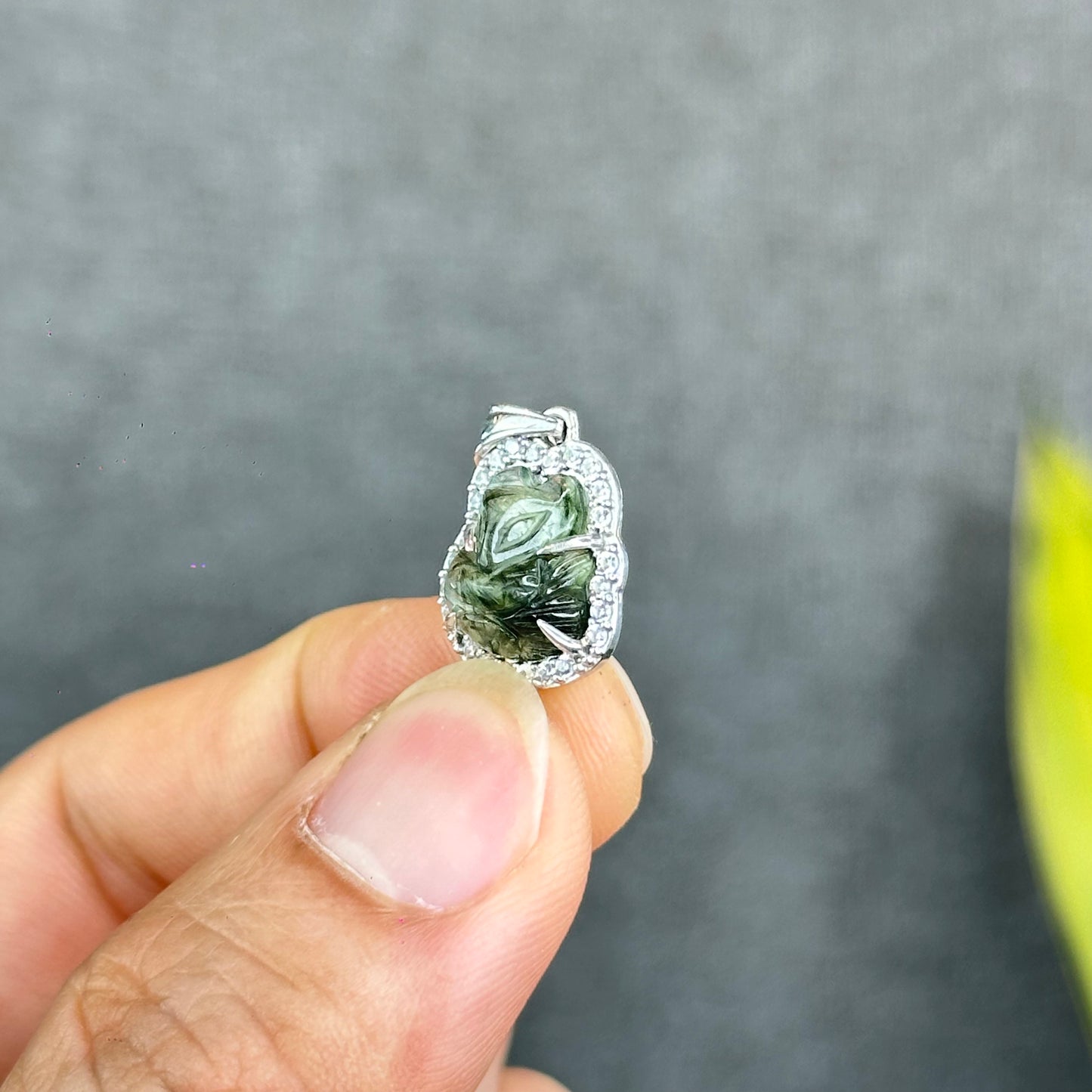 Natural Green Rutilated Quartz Ho Ly Pendant In Silver with White Gold Platting Setting