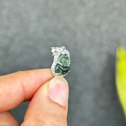 Natural Green Rutilated Quartz Ho Ly Pendant In Silver with White Gold Platting Setting