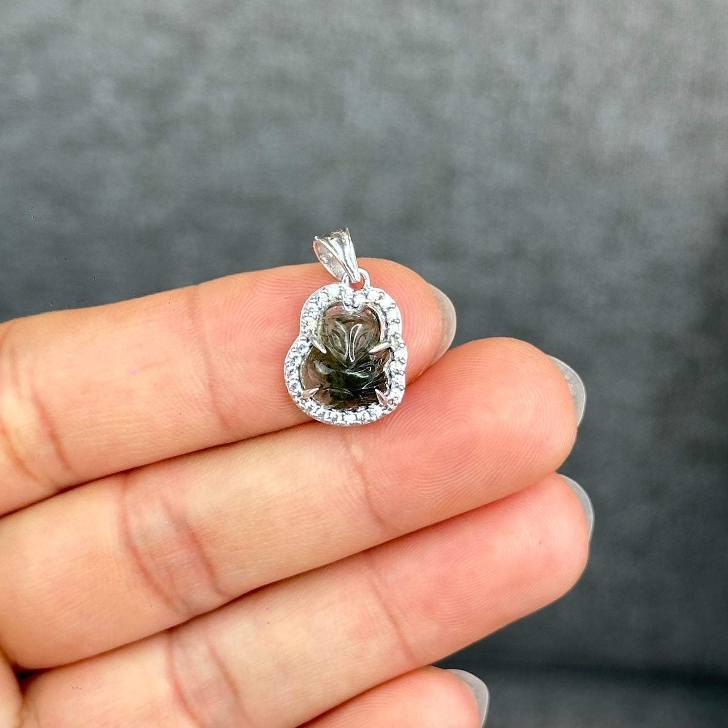 Natural Green Rutilated Quartz Ho Ly Pendant In Silver with White Gold Platting Setting
