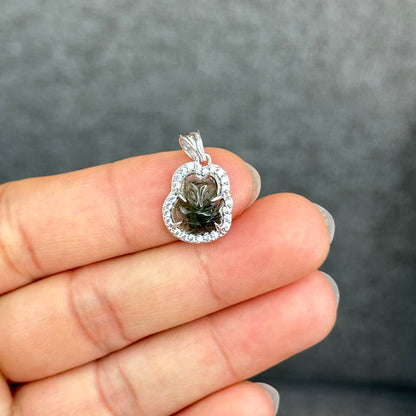 Natural Green Rutilated Quartz Ho Ly Pendant In Silver with White Gold Platting Setting