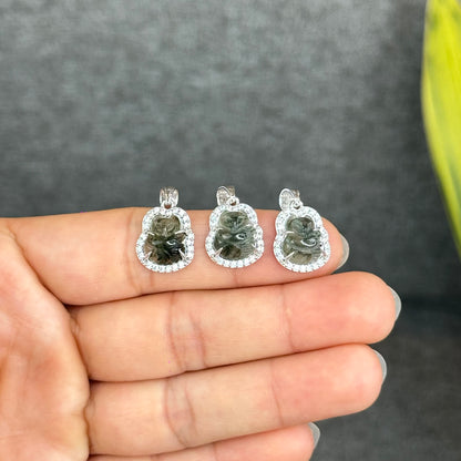 Natural Green Rutilated Quartz Ho Ly Pendant In Silver with White Gold Platting Setting