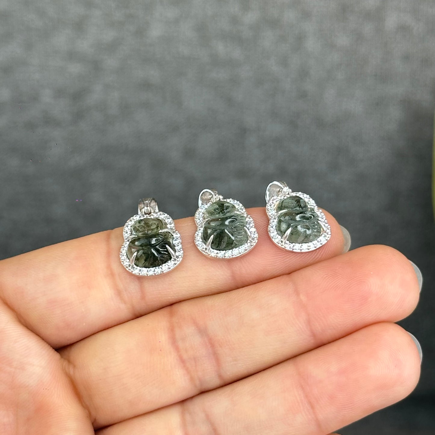 Natural Green Rutilated Quartz Ho Ly Pendant In Silver with White Gold Platting Setting