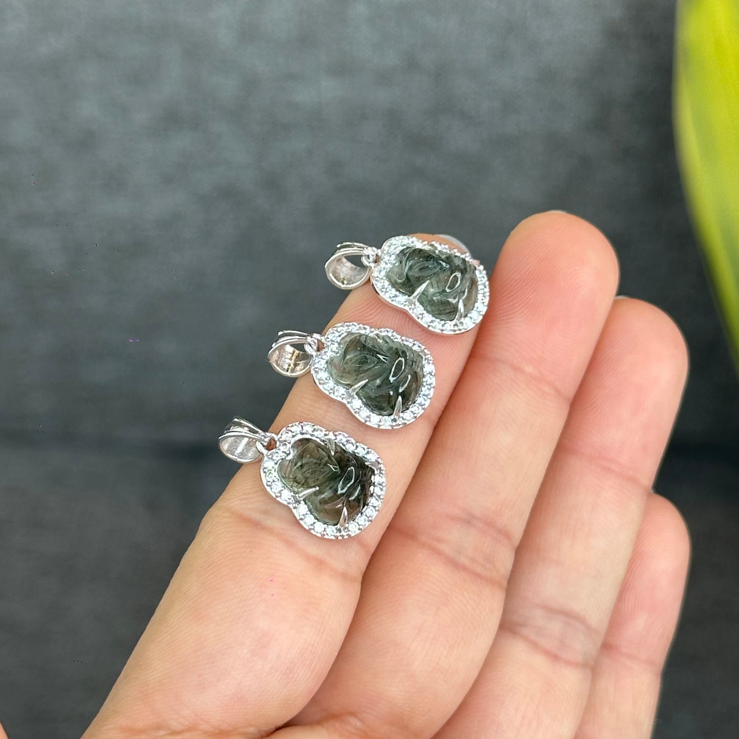 Natural Green Rutilated Quartz Ho Ly Pendant In Silver with White Gold Platting Setting