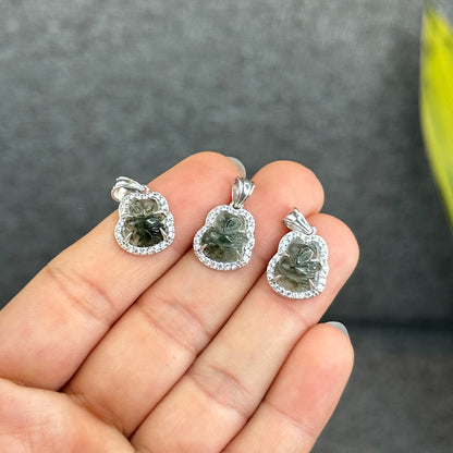 Natural Green Rutilated Quartz Ho Ly Pendant In Silver with White Gold Platting Setting