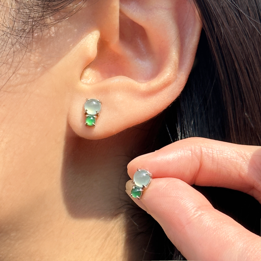 Icy and Green Jadeite Jade Cluster Earrings in Silver Setting