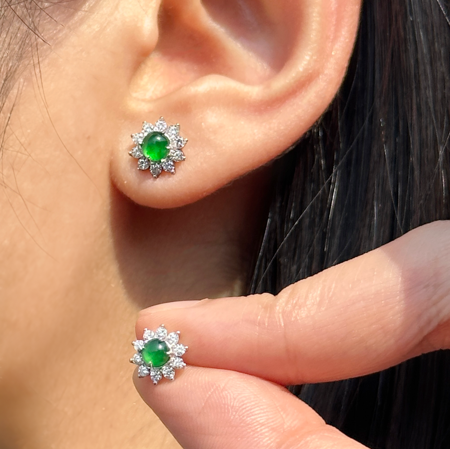 Green Jadeite Jade Stud Earrings Flower in Silver Setting