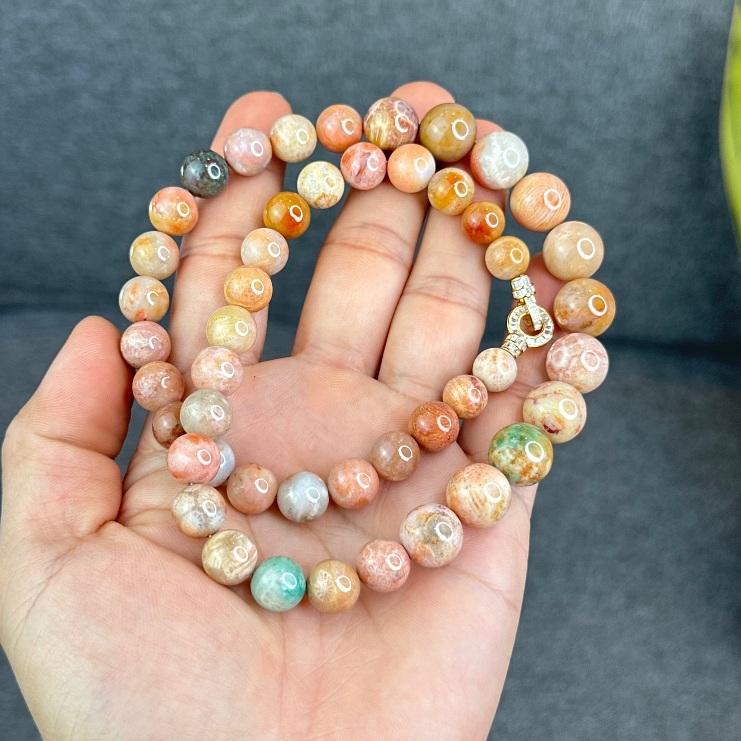 Natural Green Coral Fossil Necklace Graduating Beads 9-12.5 mm
