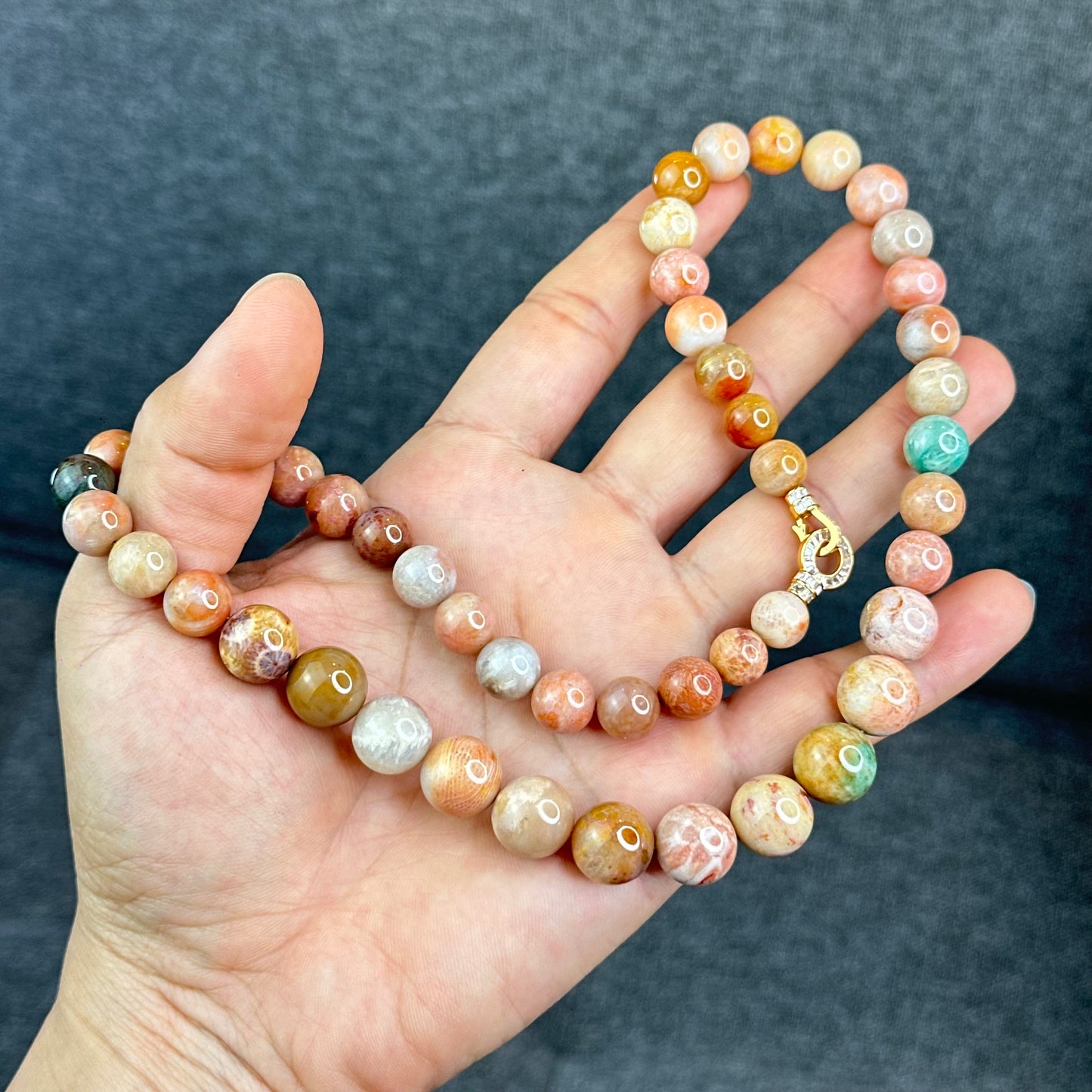 Natural Green Coral Fossil Necklace Graduating Beads 9-12.5 mm