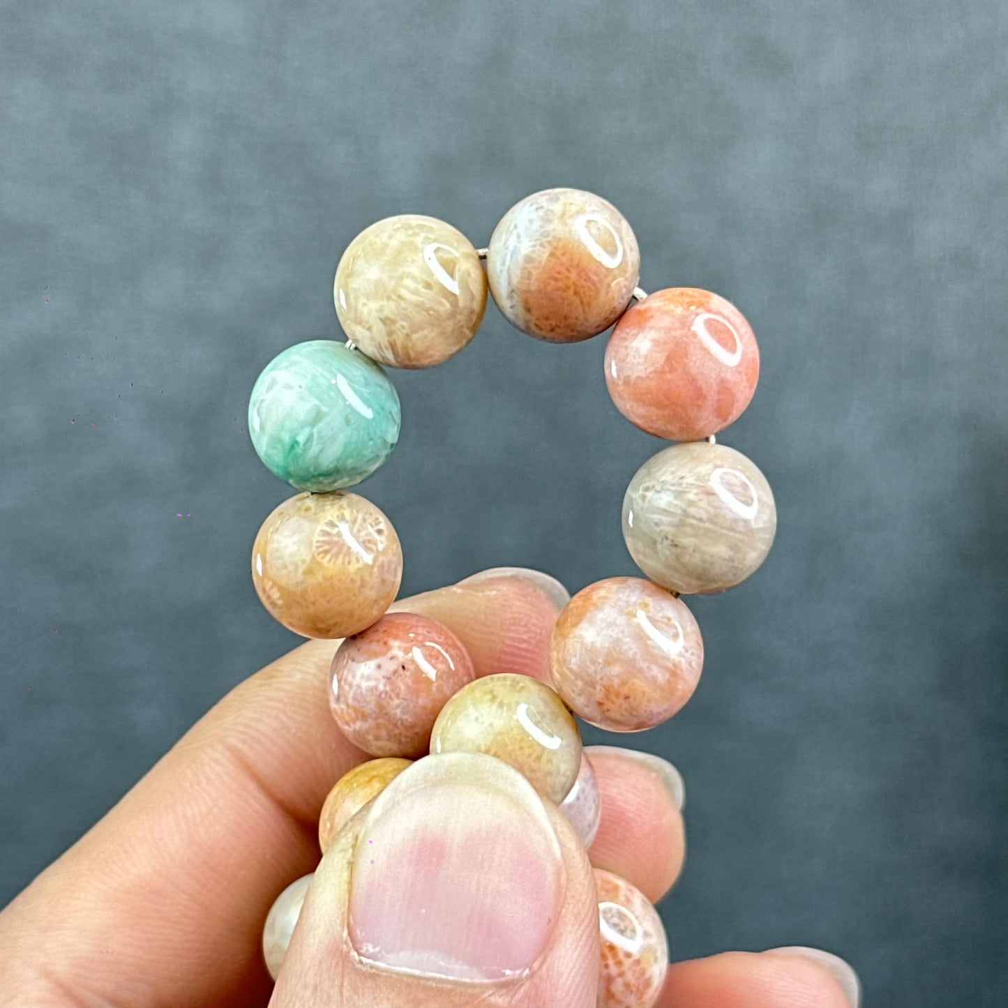 Natural Green Coral Fossil Necklace Graduating Beads 9-12.5 mm