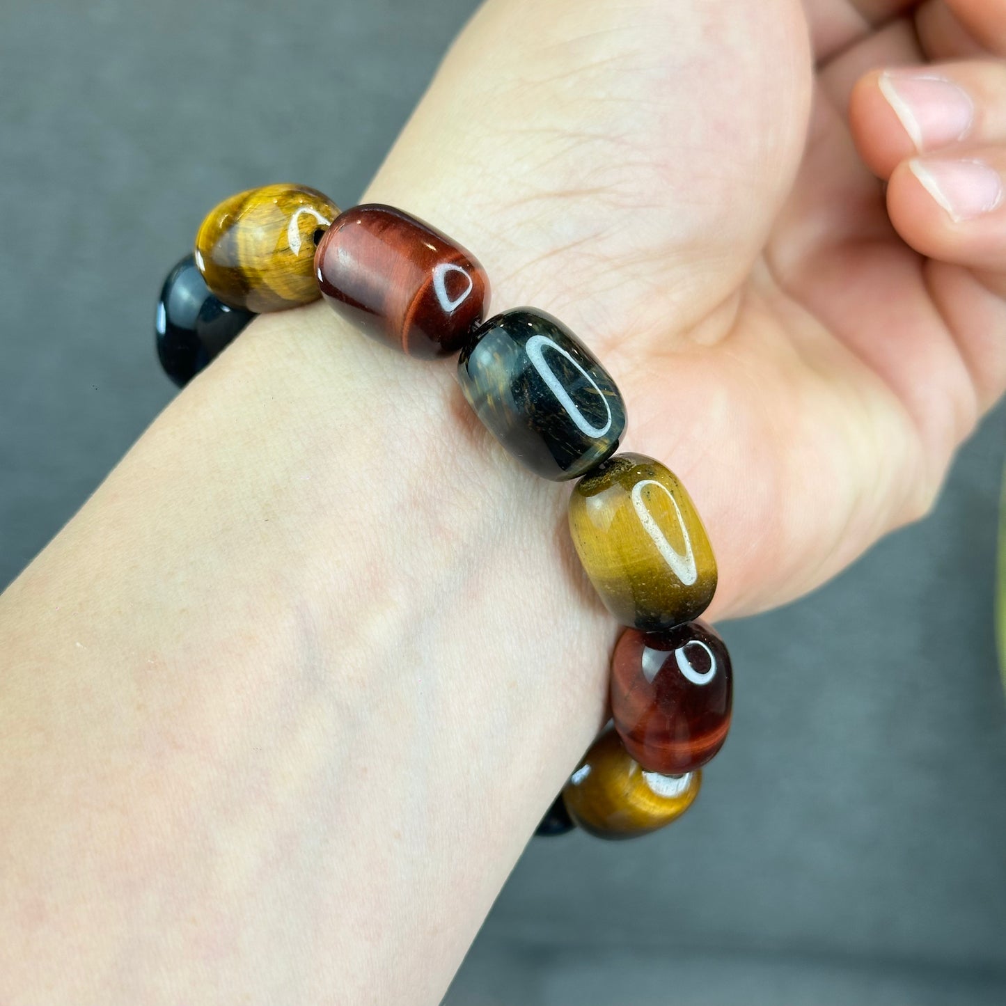Natural Tri-Colour Tiger Eye Lu Thong Bracelet Size 18 mm by 13 mm