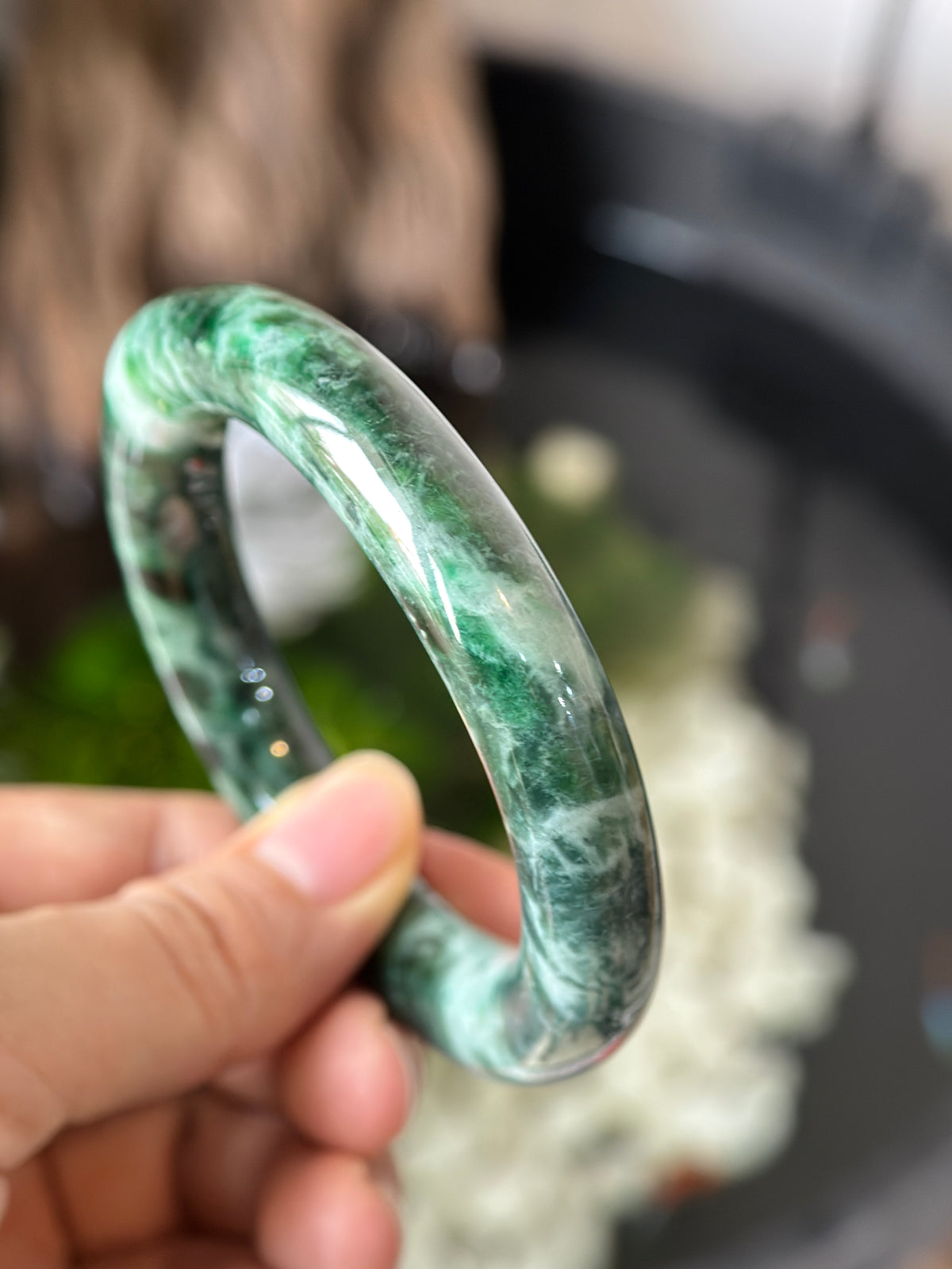 Natural Type A Son Thuy Dark Green Jadeite Jade Banlge Chopstick Style Size 56.7 mm