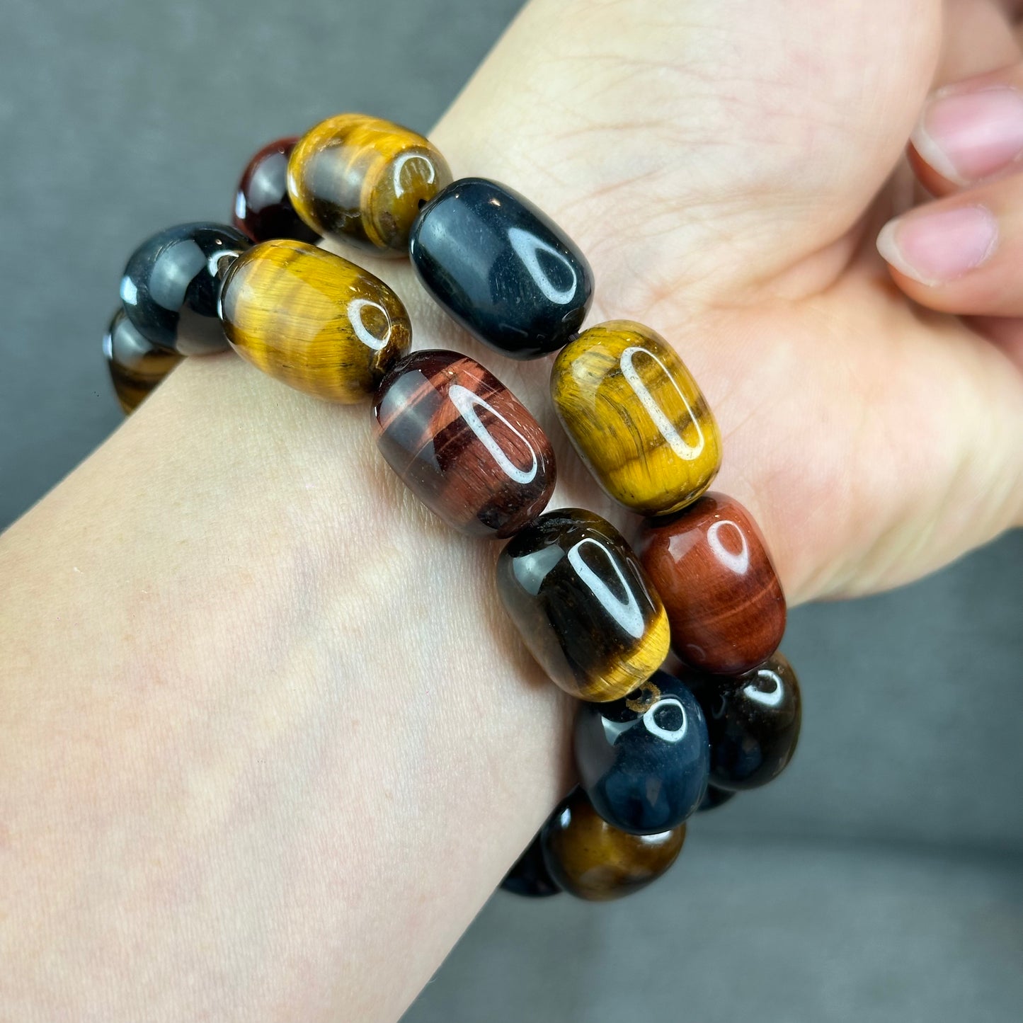Natural Tri-Colour Tiger Eye Lu Thong Bracelet Size 18 mm by 13 mm