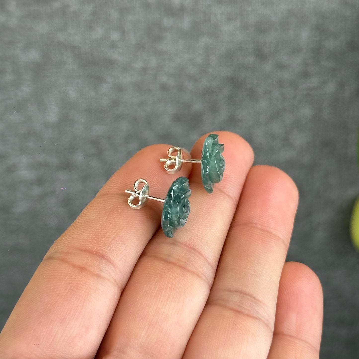 Natural Water Green Jadeite Jade Peony Flower  Earrings in Silver Setting