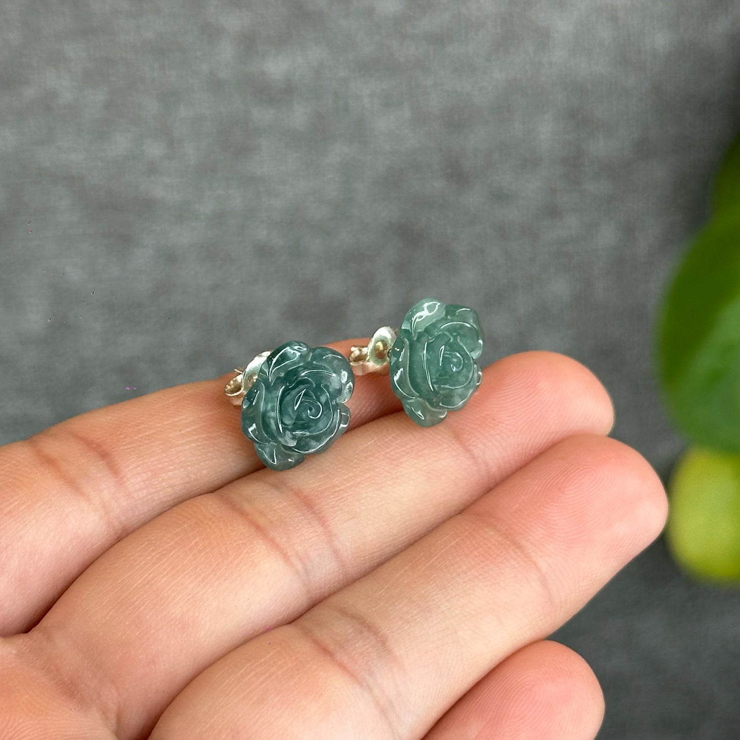 Natural Water Green Jadeite Jade Peony Flower  Earrings in Silver Setting