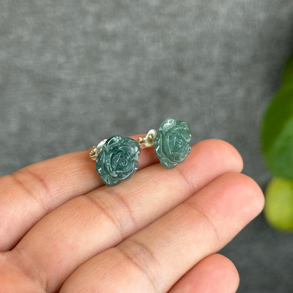 Natural Water Green Jadeite Jade Peony Flower  Earrings in Silver Setting